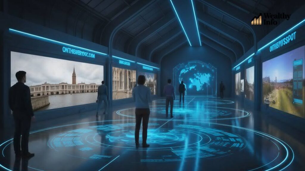 www onthisveryspot com futuristic digital exhibition room with holographic world map and interactive history displays