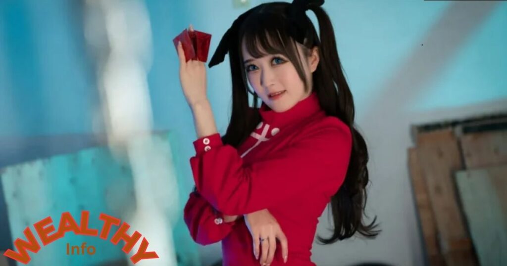 Ria Kurumi posing confidently in a red outfit, symbolizing her rising fame and increasing net worth.