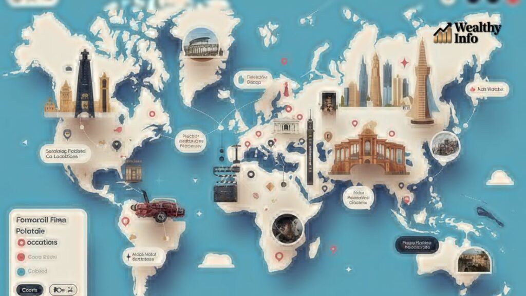 Www OnThisVerySpot com world map showing famous landmarks and filming locations around the globe.