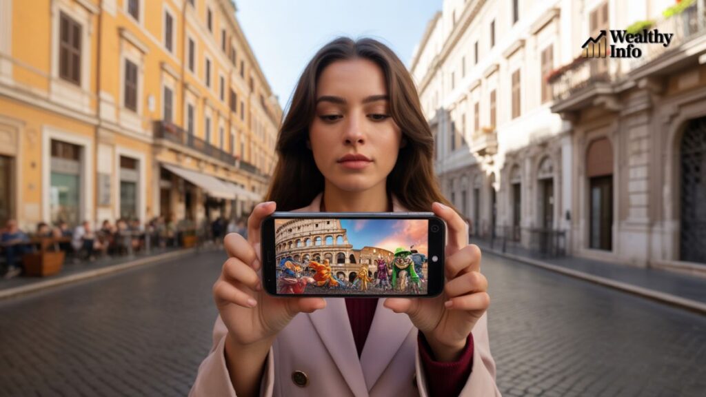 Www OnThisVerySpot com woman exploring history through phone showing Colosseum and pop culture scenes in a real-world setting.