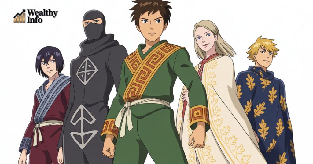 Main characters of Narutas Viesulo Kronikos standing together in detailed anime-style outfits.