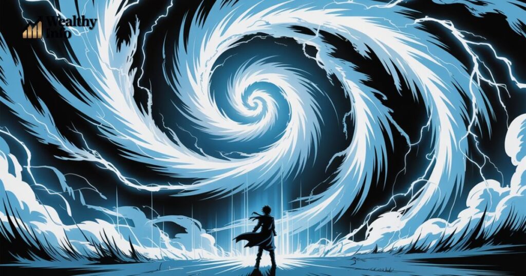 Epic storm vortex scene from Narutas Viesulo Kronikos with a lone hero standing beneath swirling lightning.