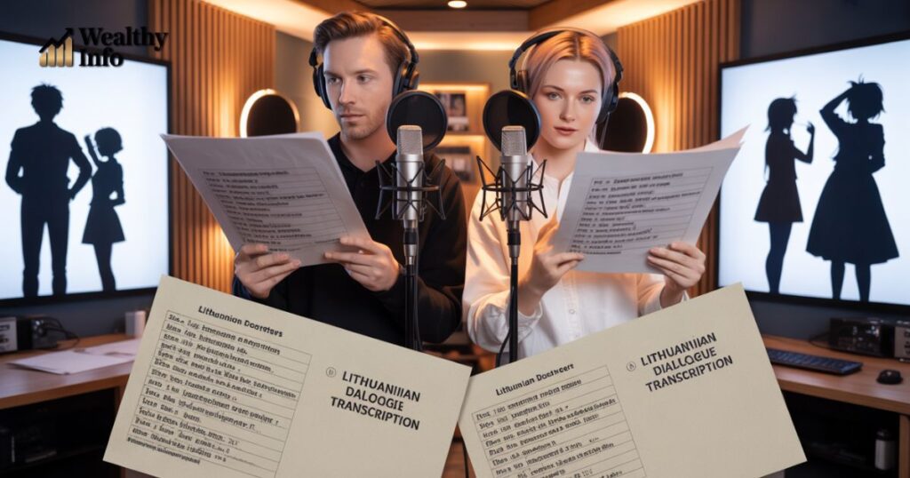 Voice actors recording Lithuanian dialogue for Narutas Viesulo Kronikos in a professional studio.