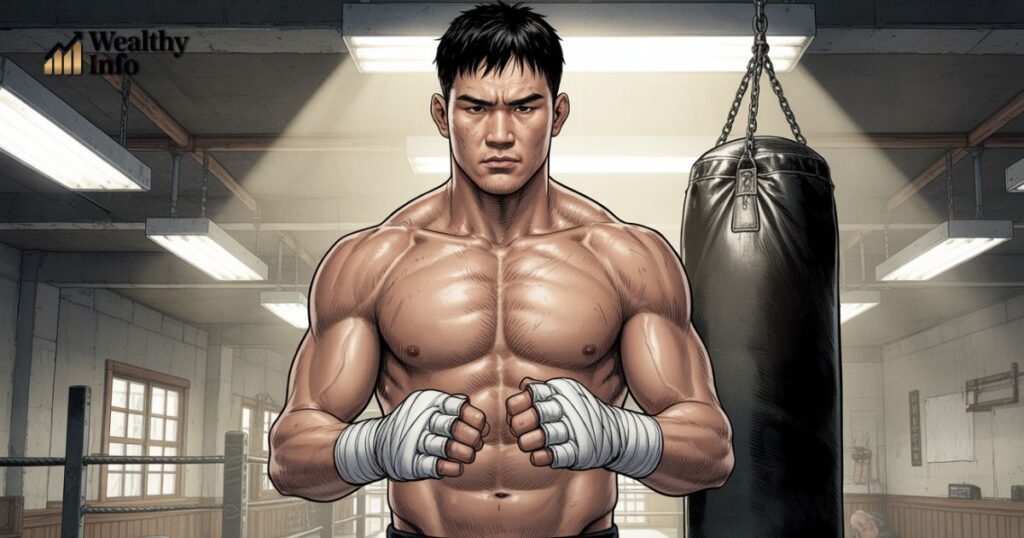 Strong MMA fighter in a gym — Jinx VyManga character style.