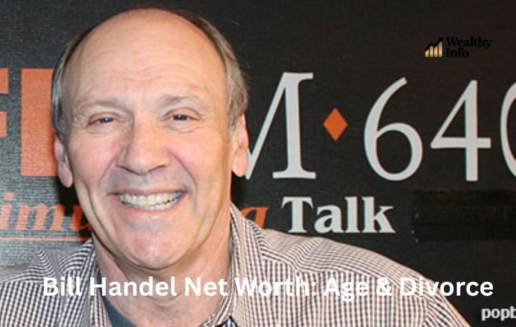 Smiling man in front of a talk radio backdrop for a Bill Handel net worth article.