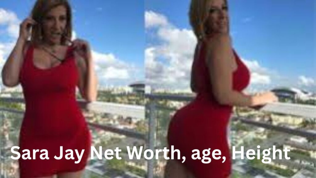 Promotional graphic in a red dress used for an article about Sara Jay Net Worth, age, and height.